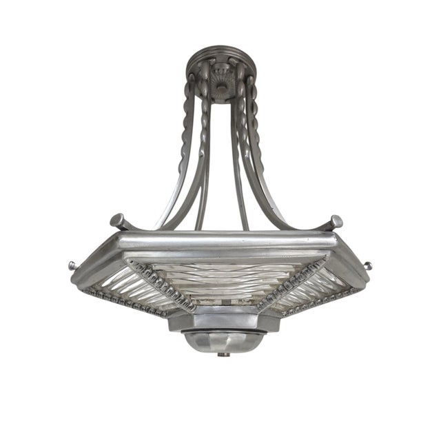 Small Art Deco Six Sided Glass and Aluminum Chandelier For Sale - Image 15 of 17