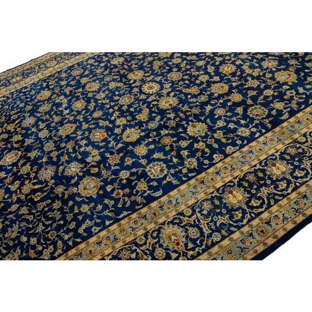 1960s Vintage Persian Kashan Handmade Blue Wool Rug With Floral Pattern For Sale - Image 4 of 7