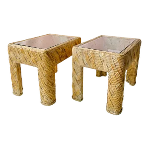 1980s Coastal Crosshatch Woven Rattan Side / End Tables With Glass Tops - Set of 2