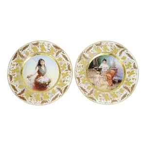 Pair of Museum Antique Austrian 19th C Painted & Gilt Glass Plates by Hans Zatzka