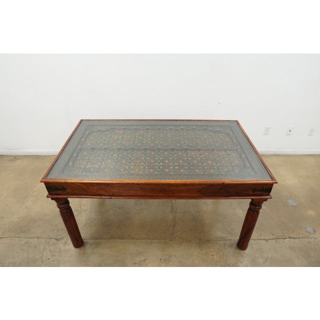 Spanish Revival Vintage Rajasthani Style Carved Wood & Glass Dining Table For Sale - Image 3 of 14