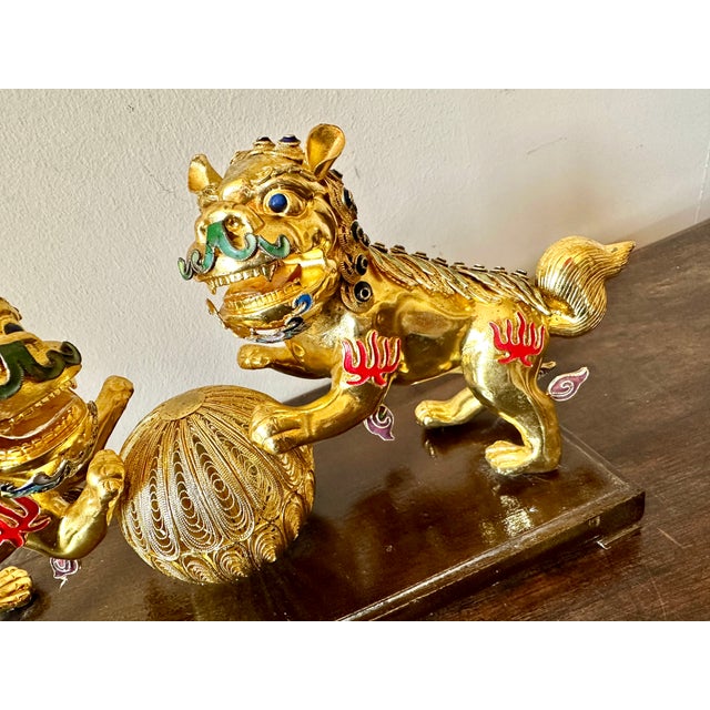 Gold Gilt Cloisonné Filagree Foo Dogs For Sale - Image 4 of 7