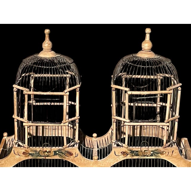 Wood Vintage Victorian Double Spire Bamboo Bird Cage For Sale - Image 7 of 9