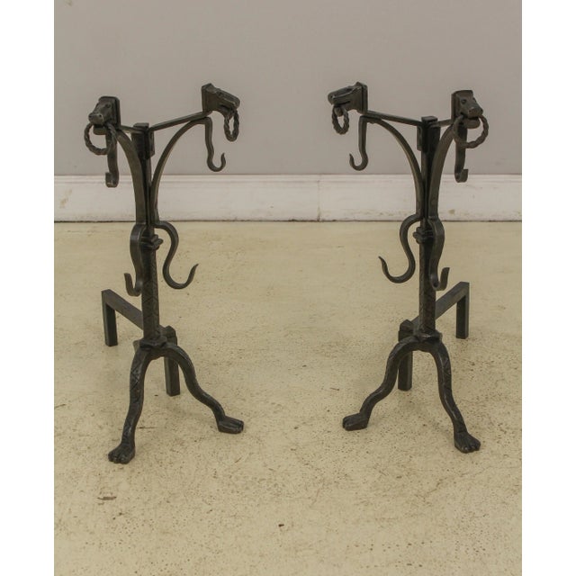 Pair Arts & Crafts Horse Head Forged Iron Fireplace Andirons For Sale - Image 13 of 13