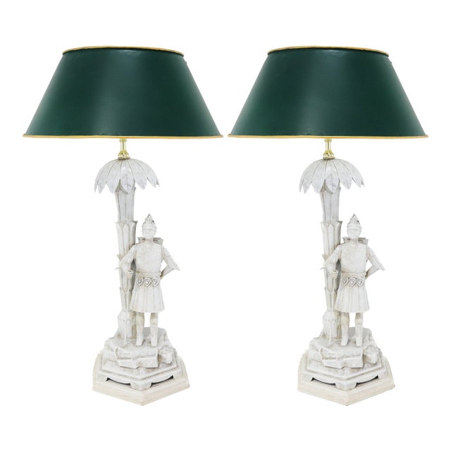 A Unique Pair of White Handmade Metal Antique Lamps, Warrior and Palm Tree Lamps For Sale
