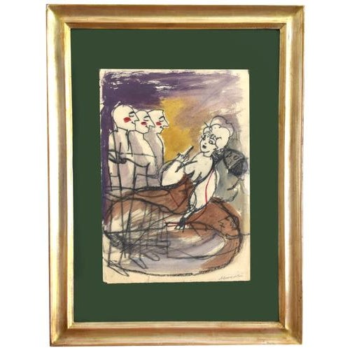 Modern Mino Maccari, Pretenders, 1960s, Original Watercolor and Pastel Drawing For Sale - Image 3 of 4