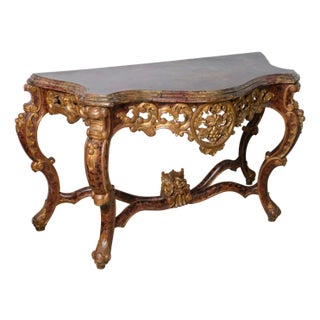 Italian Baroque Style Gilt Wood Console Table Faux Tortoiseshell For Sale