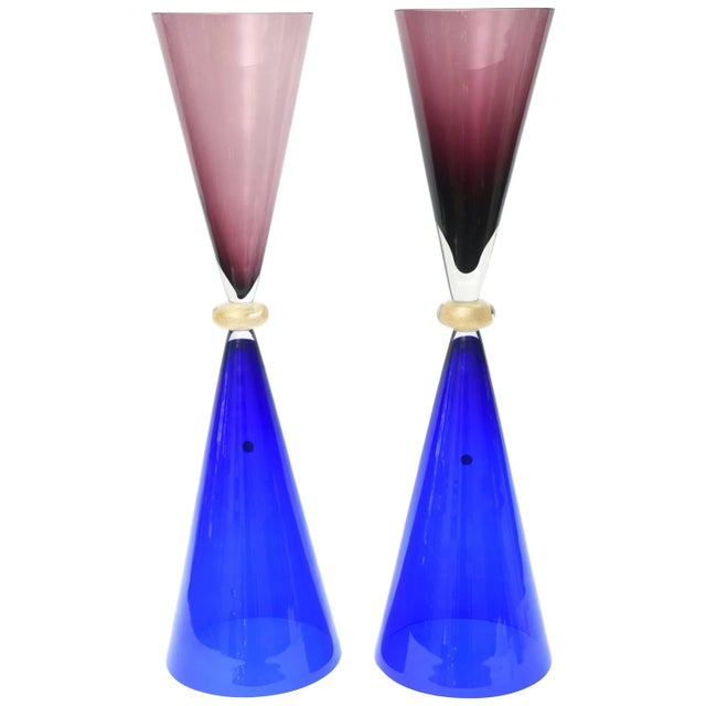 Vintage Italian Seguso for Oggetti Monumental Murano Dramatic Glass Sculptures or Vases Pair of Purple, Royal Blue For Sale - Image 11 of 11