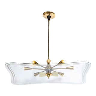 Mid-Century Modern Atomic Brass, Black Enamel & Etched/ Frosted Glass Chandelier For Sale