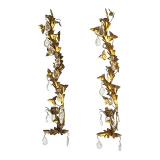 1950s Italian Gilt and Crystal Sconces / Candleholders Made in Italy For Sale