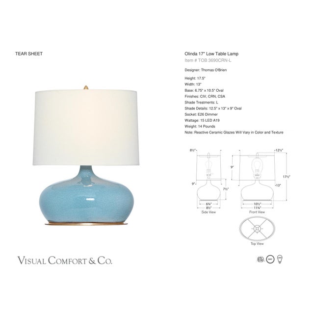Thomas O'Brien by Visual Comfort Signature Olinda 17" Low Table Lamp in Crackled Robin with Linen Shade Designer: Thomas...