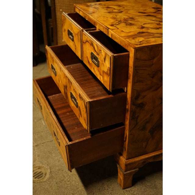 Campaign Petite 4 Drawer Burl Olivewood Campaign Style Chest For Sale - Image 3 of 9