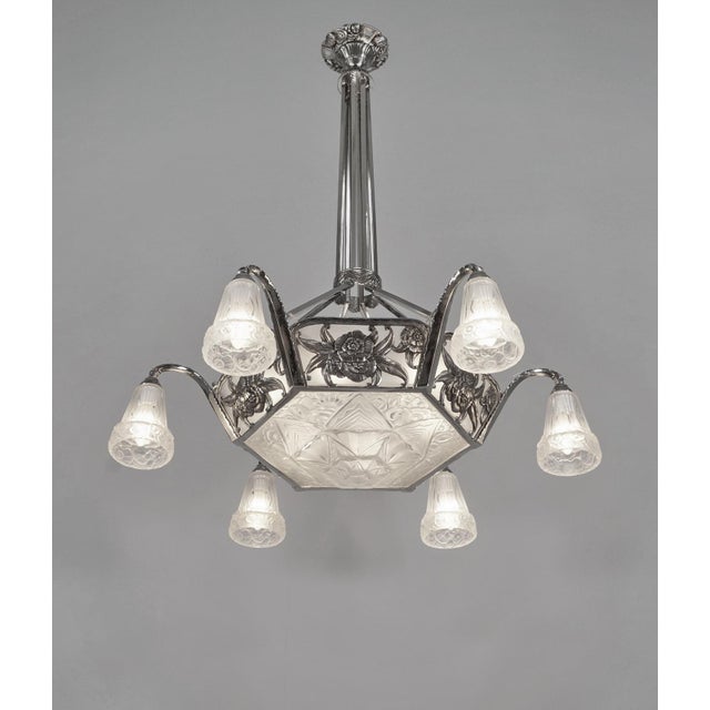 Aubin Ollier & Verreries des Hanots A large 1925-1930 French art deco chandelier in nickel plated bronze or solid brass...