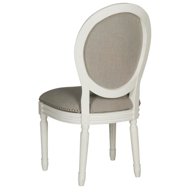 2020s French Brasserie Linen Oval 19''H Side Chair With Silver Nailheads in Light Grey & Cream - a Pair For Sale - Image 5 of 7