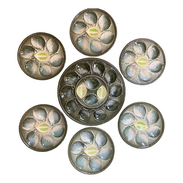 Vintage French Majolica Oyster Service from Saint-Clément, 1960s, Set of 7 For Sale