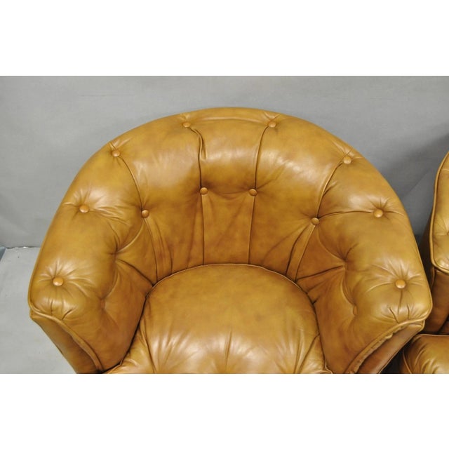 Vintage Classic Leather Chesterfield Brown Tufted Leather Barrel Club Chair Pair For Sale - Image 4 of 14