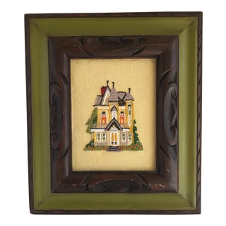 Vintage Framed Embroidered House For Sale