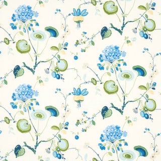 Schumacher Vasily Linen Fabric in Green & Blue For Sale