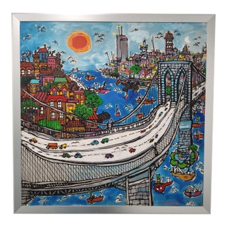 Original Mid Century Cityscape Painting of the Brooklyn Bridge by Edward Sokol 1979 For Sale