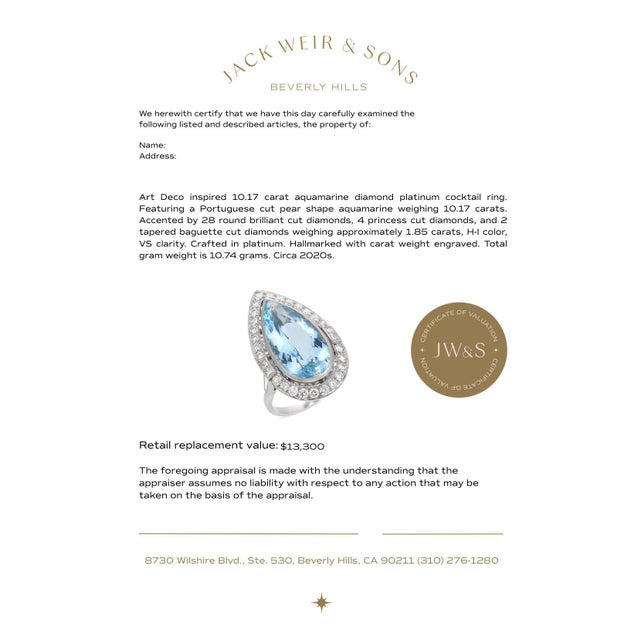 Metal Art Deco Inspired 10.17 Carat Aquamarine Diamond Platinum Cocktail Ring, Size 7 For Sale - Image 7 of 7