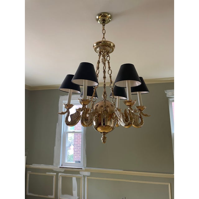 Vintage Solid Brass Swan Chandelier – 6‑Light – Empire Style – Excellent Condition For Sale - Image 4 of 6