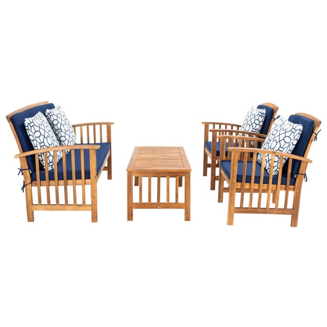 Tan Rocklin 4-Piece Outdoor Set, Natural/Navy Cushion With Blue & White Mosaic Pillows For Sale - Image 8 of 9