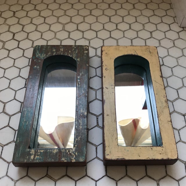 French Country Vintage Indian Archway Painted Teak Mirrors - A Pair For Sale - Image 3 of 11