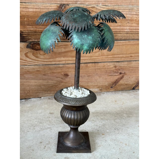 Vintage Verdigris Metal Palm Tree Sculpture in Classical Urn For Sale - Image 9 of 11