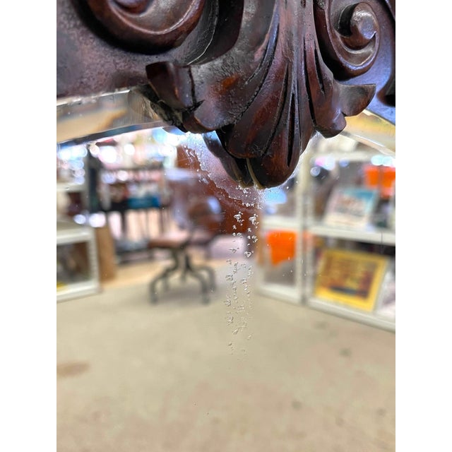 Brown Vintage Carved Wood Arched Wall Mirror With Etched Glass Panels For Sale - Image 8 of 10