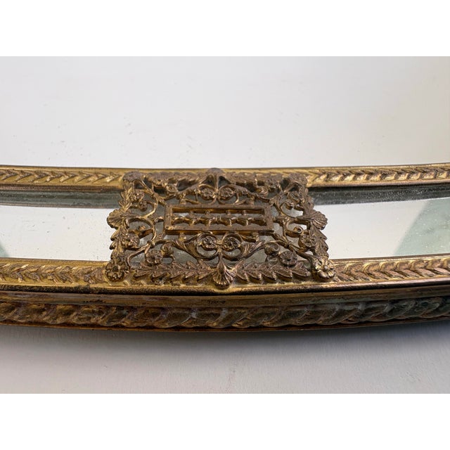 Antique French Style Ormolu Vanity Mirror Tray With Etched Filigree Handles For Sale - Image 4 of 11