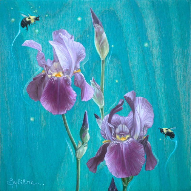 Dancing Bumblebees by Sybiline | Oil on panel Oil painting of irises with bumblebees. For Sale