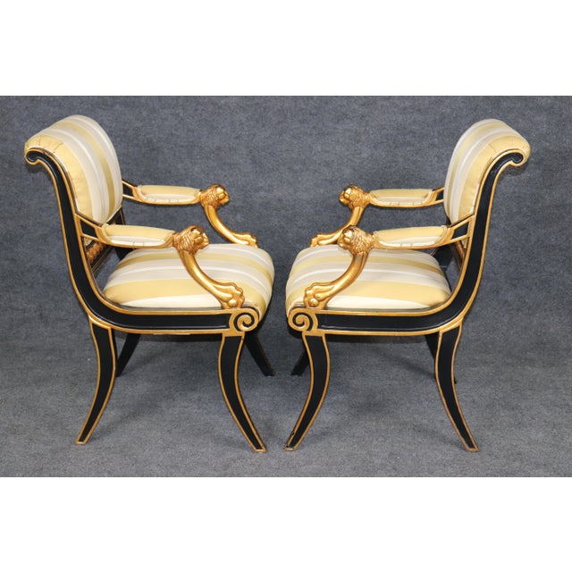 Beacon Hill Pair English Regency Thomas Hope Style Ebonized & Gilt Armchairs For Sale - Image 4 of 16