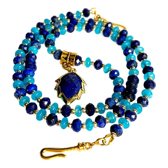 Artisan Handcrafted Lapis Lazuli Pendant Necklace in Blue Chalcedony and Golden Hematite For Sale
