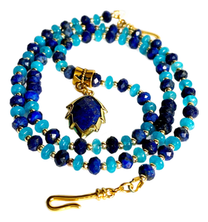 Artisan Handcrafted Lapis Lazuli Pendant Necklace in Blue Chalcedony and Golden Hematite