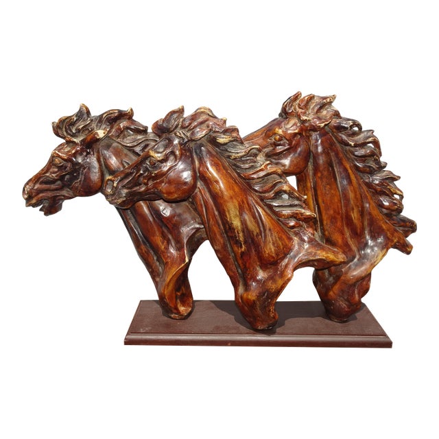 Large Vintage Table Top Three Galloping Horses Statue - Room Decor For Sale