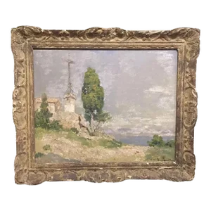 Maurice Bompard (France 1857-1936) Early 20th Century Impressionist Mediterranean Landscape Oil Painting on Board in 18th C. Frame