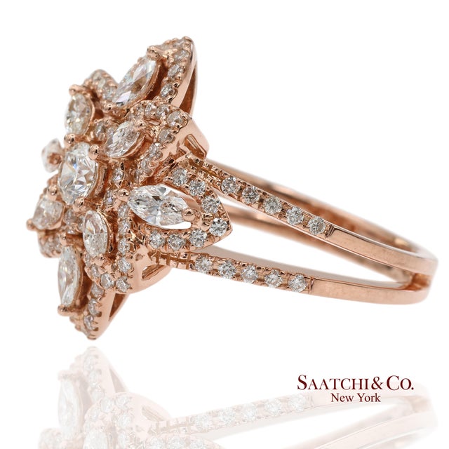 18k 750 Solid Rose Gold Floral Natural Diamond Ring, Size 7 For Sale - Image 4 of 13