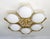 Italian midcentury flush mount with six matte white Murano glass shades mounted on solid brass frame in lacquered polished...