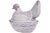 Large six inch vintage gray ceramic lidded bowl depicting a rustic farmhouse hen. Marked "EW; 1970" Light wear.
