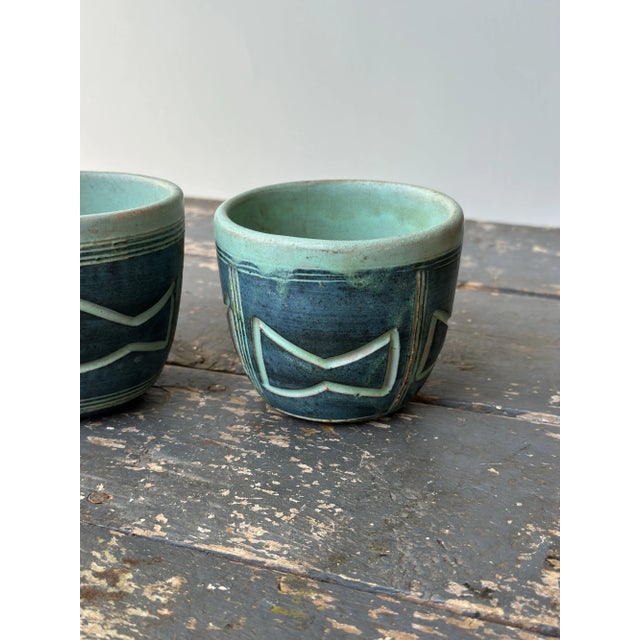 Teal Vintage Puerto Rican Pottery Incised Glazed Vessels by Hal Lasky, a Pair, Circa 1963 For Sale - Image 8 of 17