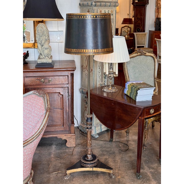 Traditional 1950s Painted Floor Lamp With Tole-Style Shade and Carved Paw-Foot Base For Sale - Image 3 of 11