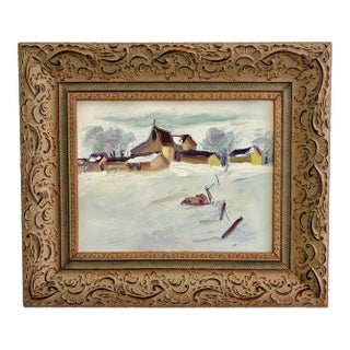 Vintage Original Oil Painting on Board – Snowy Farm and Barn Winter Landscape – Ornate Frame For Sale