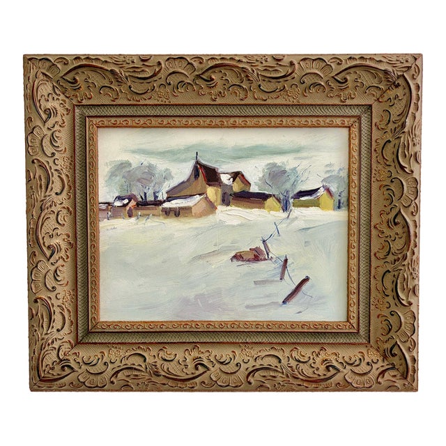Vintage Original Oil Painting on Board – Snowy Farm and Barn Winter Landscape – Ornate Frame For Sale