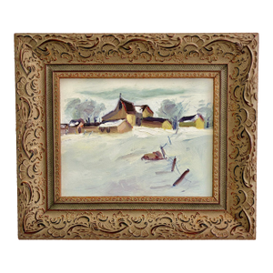 Vintage Original Oil Painting on Board – Snowy Farm and Barn Winter Landscape – Ornate Frame