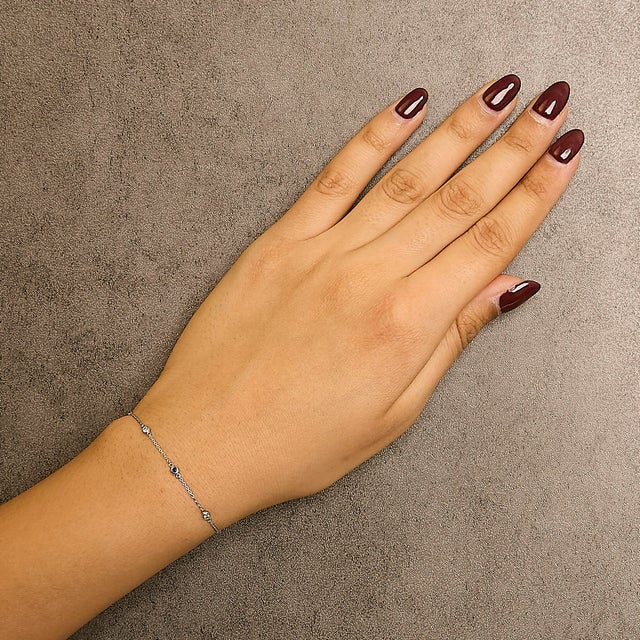 14K White Gold Alternating Blue Sapphire and White Diamond Bezel Station Chain Bracelet (I-J Color, SI2-I1 Clarity) - 8" Inches For Sale - Image 4 of 5