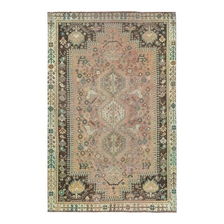 1960s Light Red Vintage Persian Qashqai With Peacock Design and Multi Borders Hand Knotted Wool Distressed Rug For Sale
