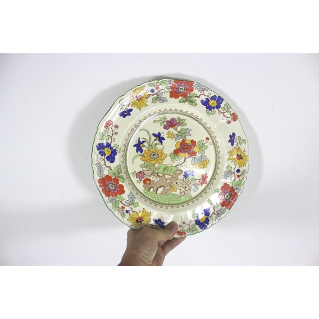 English Antique Mason’s Green Bible Pattern Dinner Plate With Green Edge 10.25” Hand Painted Decorative For Sale - Image 3 of 10