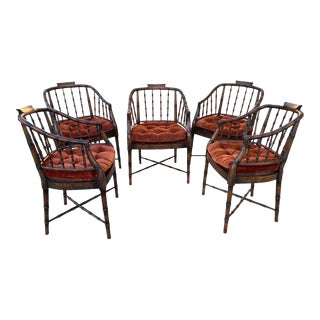 Regency Faux Brown Bamboo and Rust Velvet Vintage Dining Chairs By Baker - Set of 5 For Sale