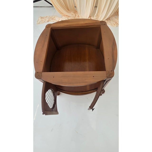 Brown Vintage French Provincial Drum Table With Metal Mesh Cabinet Doors. Made in Italy For Sale - Image 8 of 18