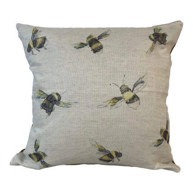 16" Square Decorative Toss Pillow Embellished With a Playful Cloud of Buzzing Bumble Bees - Made in the U K For Sale